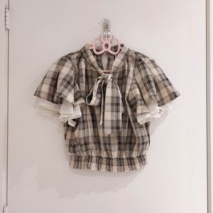 Mily Bilet Checked Ruffle Bow Tie Blouse [Beige]